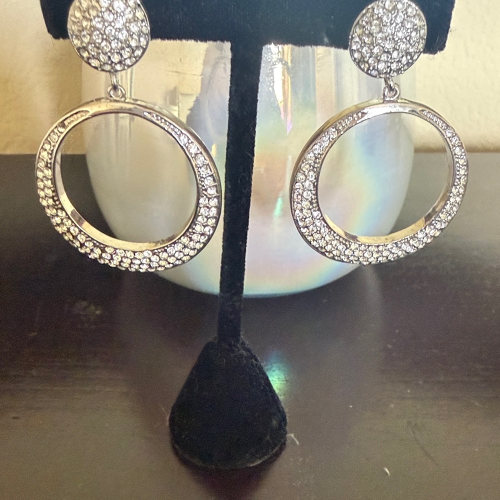 NWOT Silver Crystal Open Circle Drop Earrings - Women Jewelry